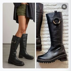 CHLOE Black Leather, Harness, Lugsole, Knee-High Boots